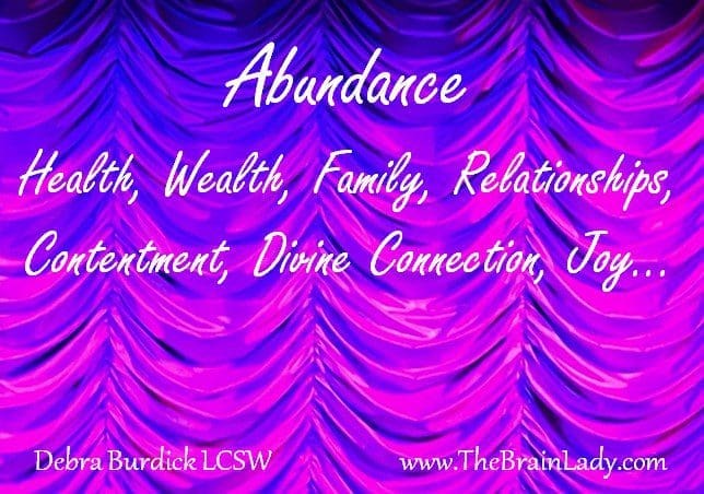 A purple draped background with white text listing positive life aspects.