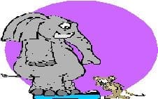 Cartoon elephant and mouse facing each other on purple background.