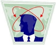 Silhouette of a man with red arrows circling his head.