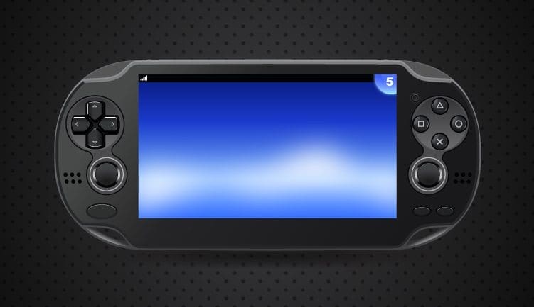 A handheld gaming console with a blue screen.