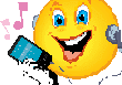 A smiling emoji wearing headphones and holding a music player.