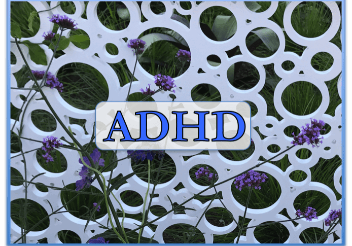 Purple flowers with ADHD text overlay.