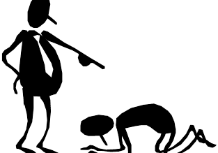 A person pointing at another person kneeling.