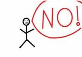 A stick figure with an angry face and a red 'NO' speech bubble.